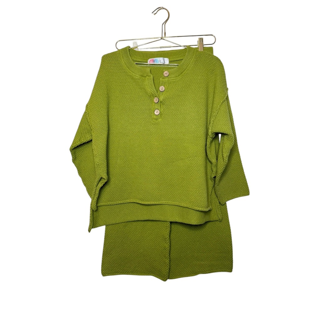 FP‎ Beach Green Waffle Knit Henley Sweater & Wide Leg Pants Set XS
